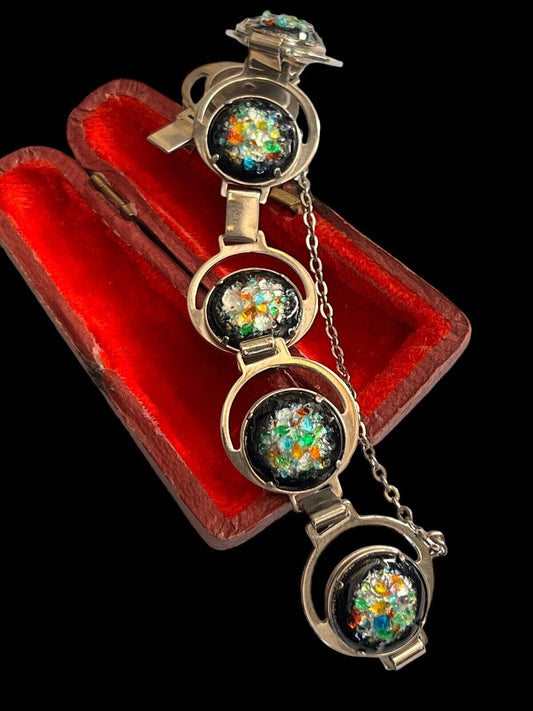 Vintage Multicoloured Glass Silver Tone Bracelet Safety Chain