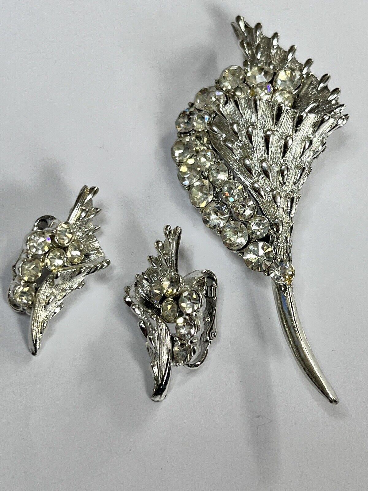 Vintage Signed Coro Silver Tone Diamanté Brooch And Clip On Earring Set