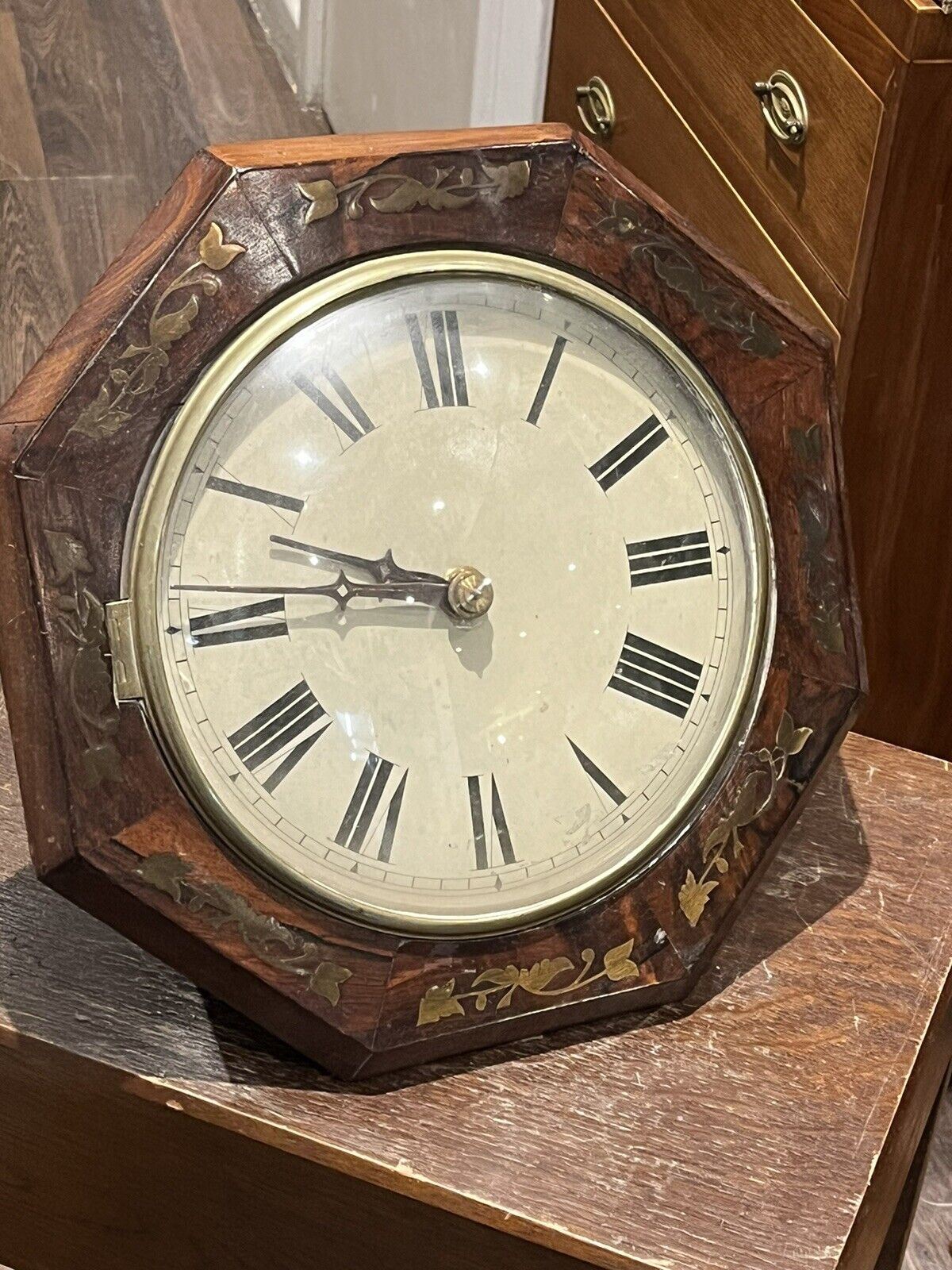 Victorian Dial Clock, Brass Inlaid Case, Convex Glass. 9 Inch Dial