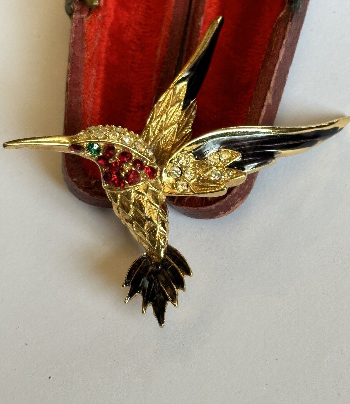 Vintage Gold Plated Red Diamanté Black Enamel Bird Brooch