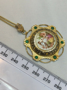 Vintage Gold Tone Painted Scene On Pendant Necklace