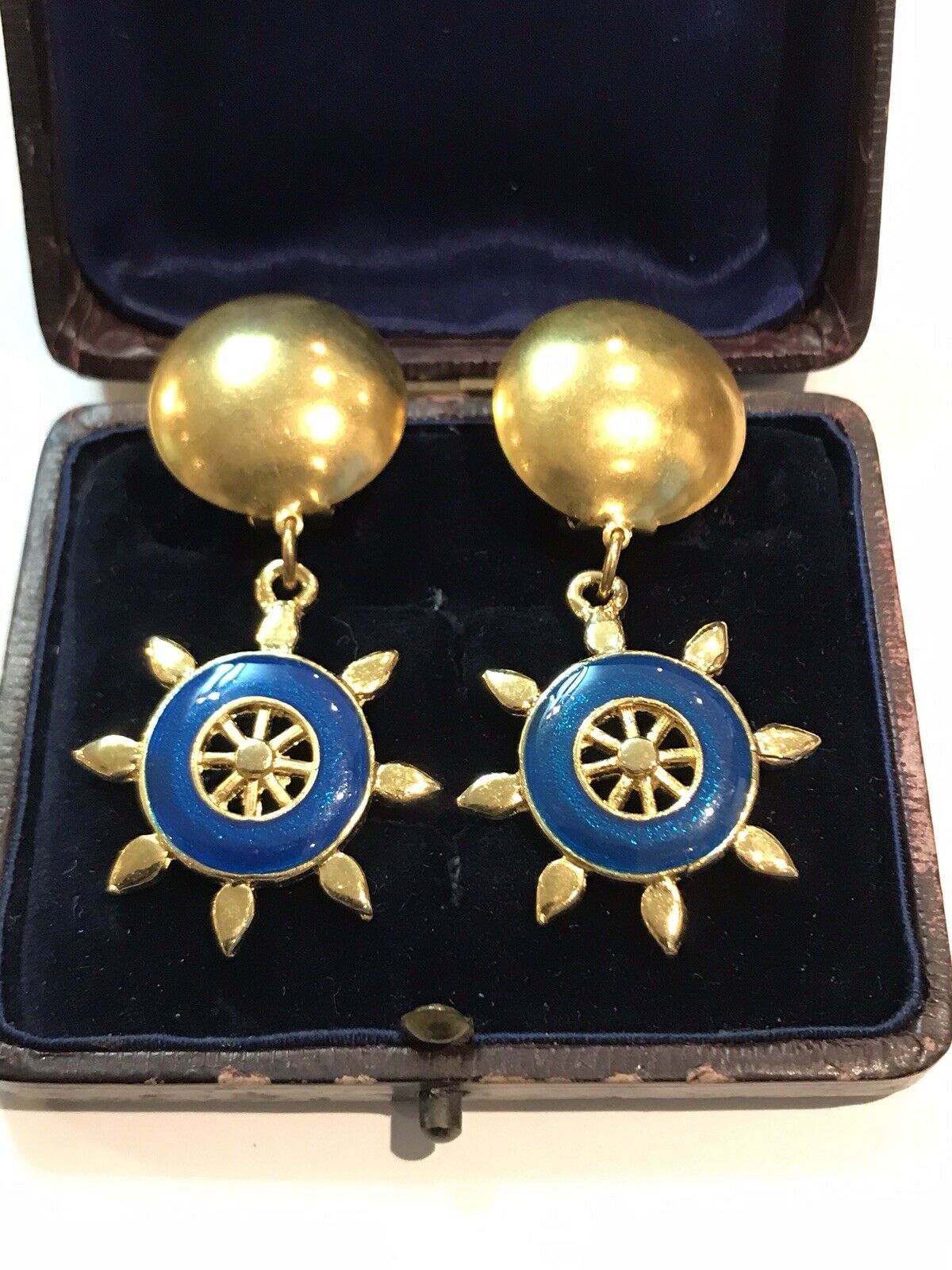 Vintage Gold Tone Nautical Blue Enamel Clip On Earrings