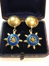 Vintage Gold Tone Nautical Blue Enamel Clip On Earrings