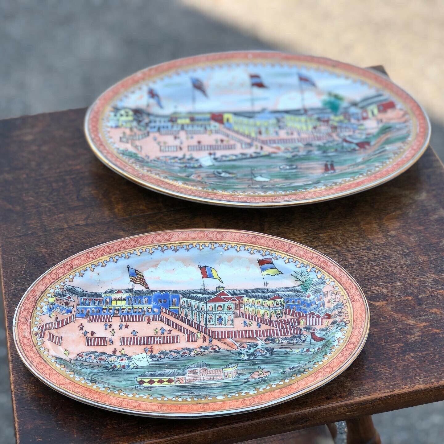 Pair Of Chinese Platters Decorated With Coastal Scenes