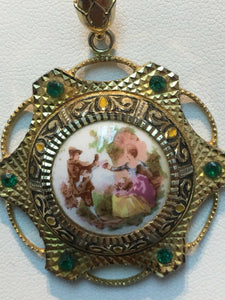 Vintage Gold Tone Painted Scene On Pendant Necklace