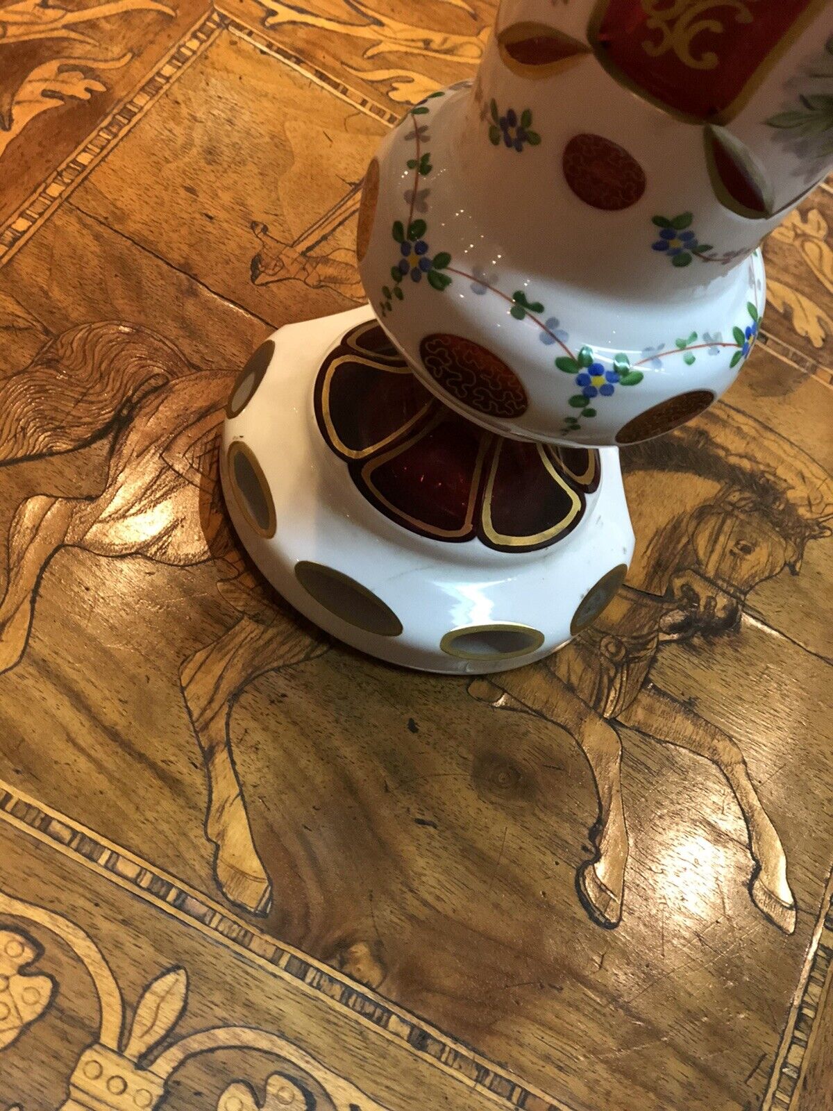 Bohemian White Cut Cranberry Gilt Vase. Ship Worldwide