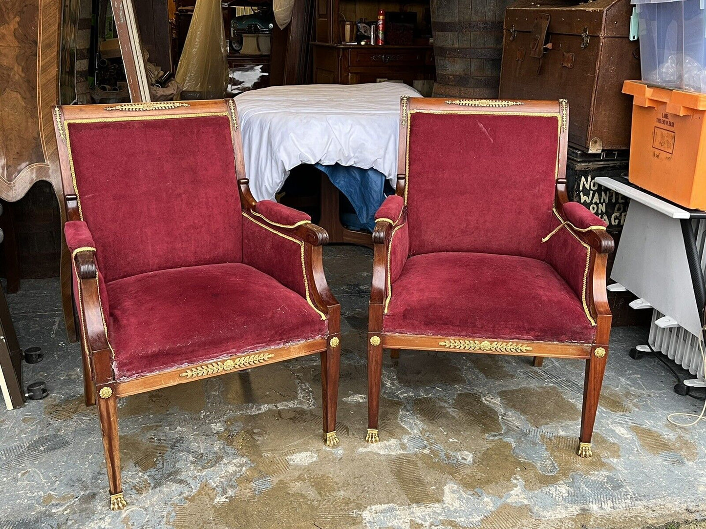 19thC French Empire Ormolu Mounted Armchairs, On Lion Paw Feet. Quality Pair.