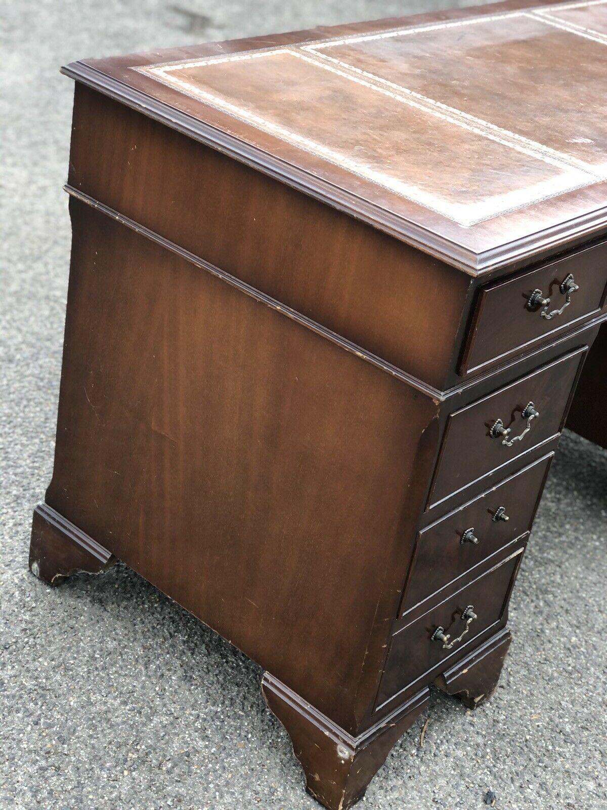 Pedestal Desk With Tan Leather Top.