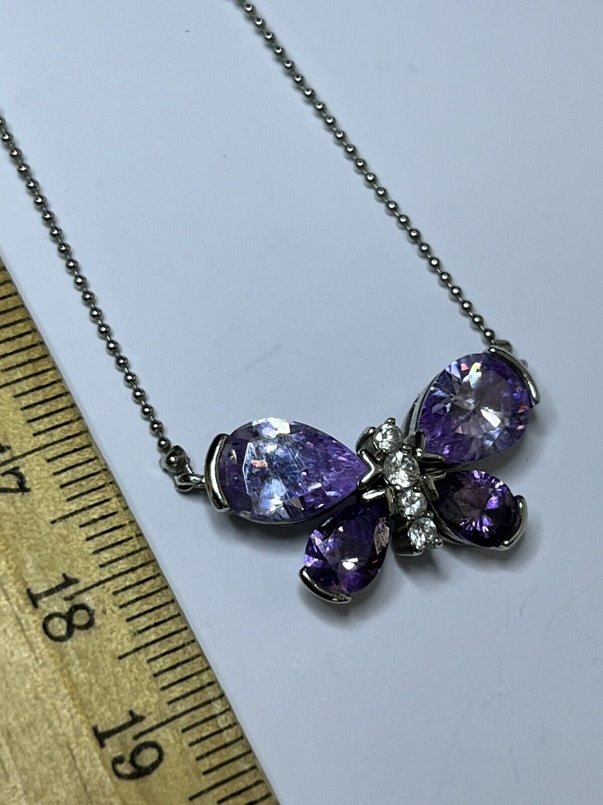 Vintage Rhodium Plated Purple Crystal Diamanté Butterfly Necklace