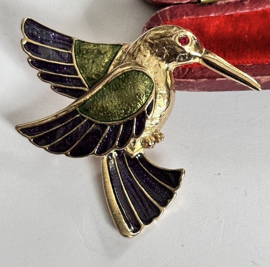 Vintage Gold Tone Blue Green Enamel Hummingbird Brooch