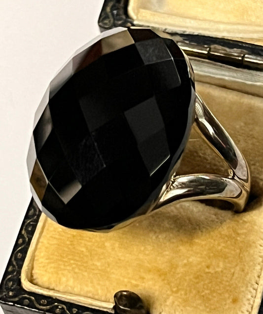 Vintage Silver 925 Faceted Onyx Statement Ring