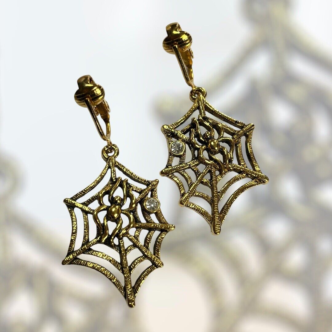 Vintage Gold Tone Spider Web Spider Drop Dangle Earrings
