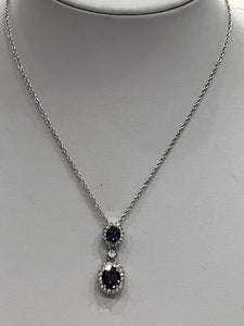Vintage 1980s Rhodium Plated Purple Crystal Drop Necklace Boxed