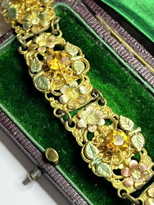 Vintage Gold Tone Filigree Diamanté Pink Orange Green Flowers Bracelet