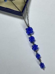 Vintage Silver Tone Blue Beaded Drops Necklace
