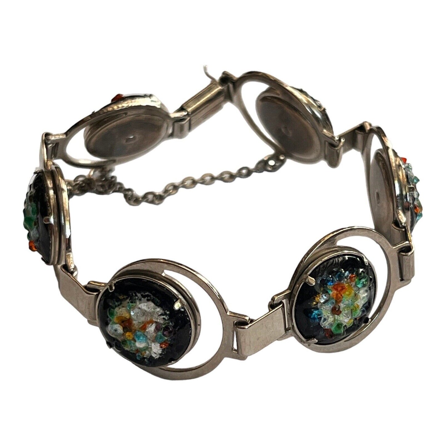 Vintage Multicoloured Glass Silver Tone Bracelet Safety Chain