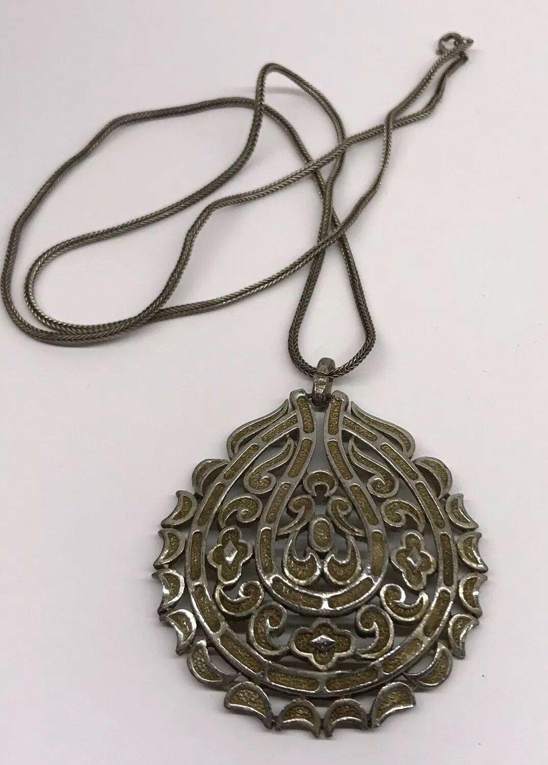 Vintage Crown Trifari Cut Out Metal Silver Tone Pendant Necklace
