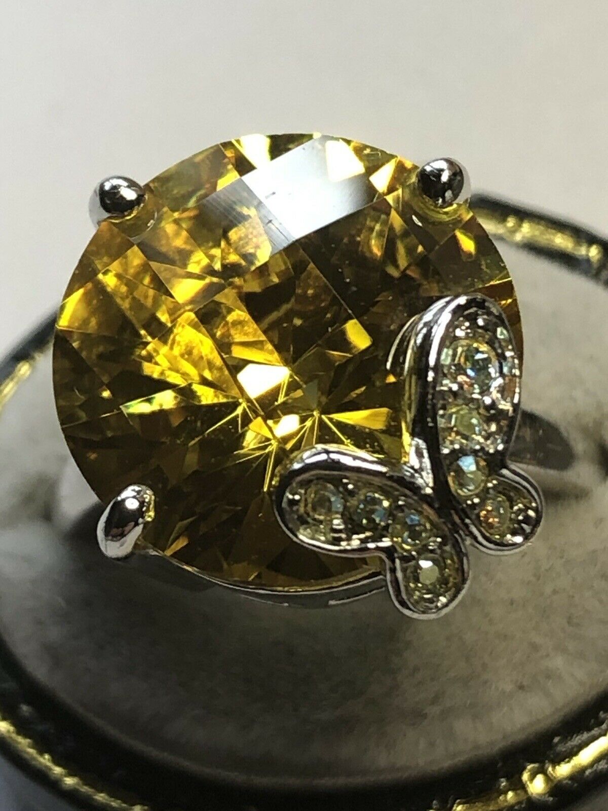 Vintage Rhodium Plated Butterfly Cubic Zirconia Statement Ring