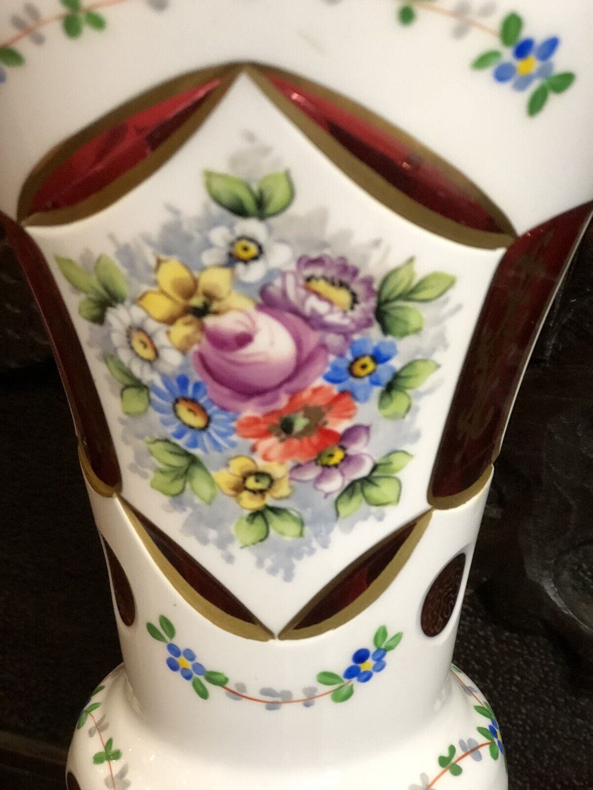 Bohemian White Cut Cranberry Gilt Vase. Ship Worldwide