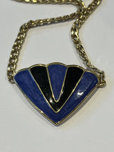 Vintage Gold Plated Blue Black Enamel Signed Necklace