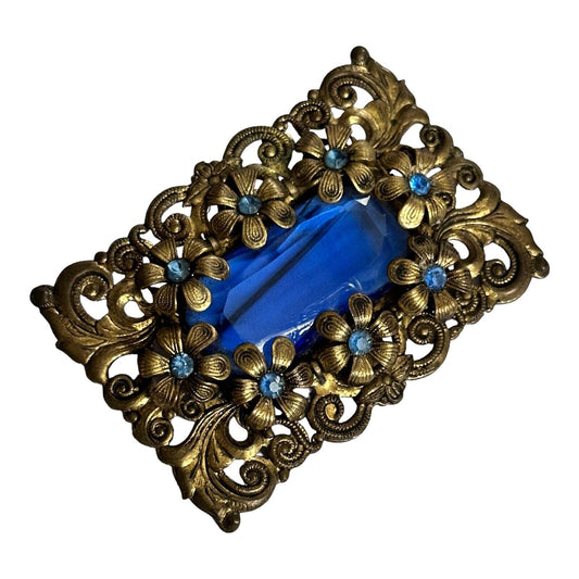 Vintage Blue Flowers Czech Crystal Brooch