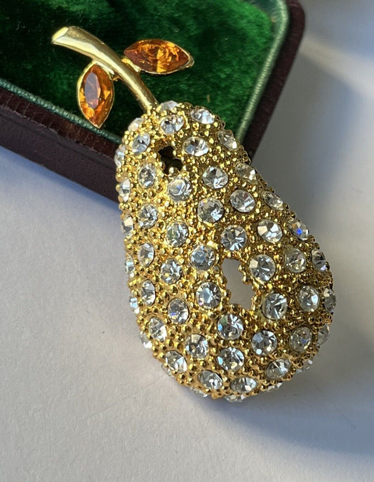 Vintage Gold Tone Diamanté Pear Fruit Brooch