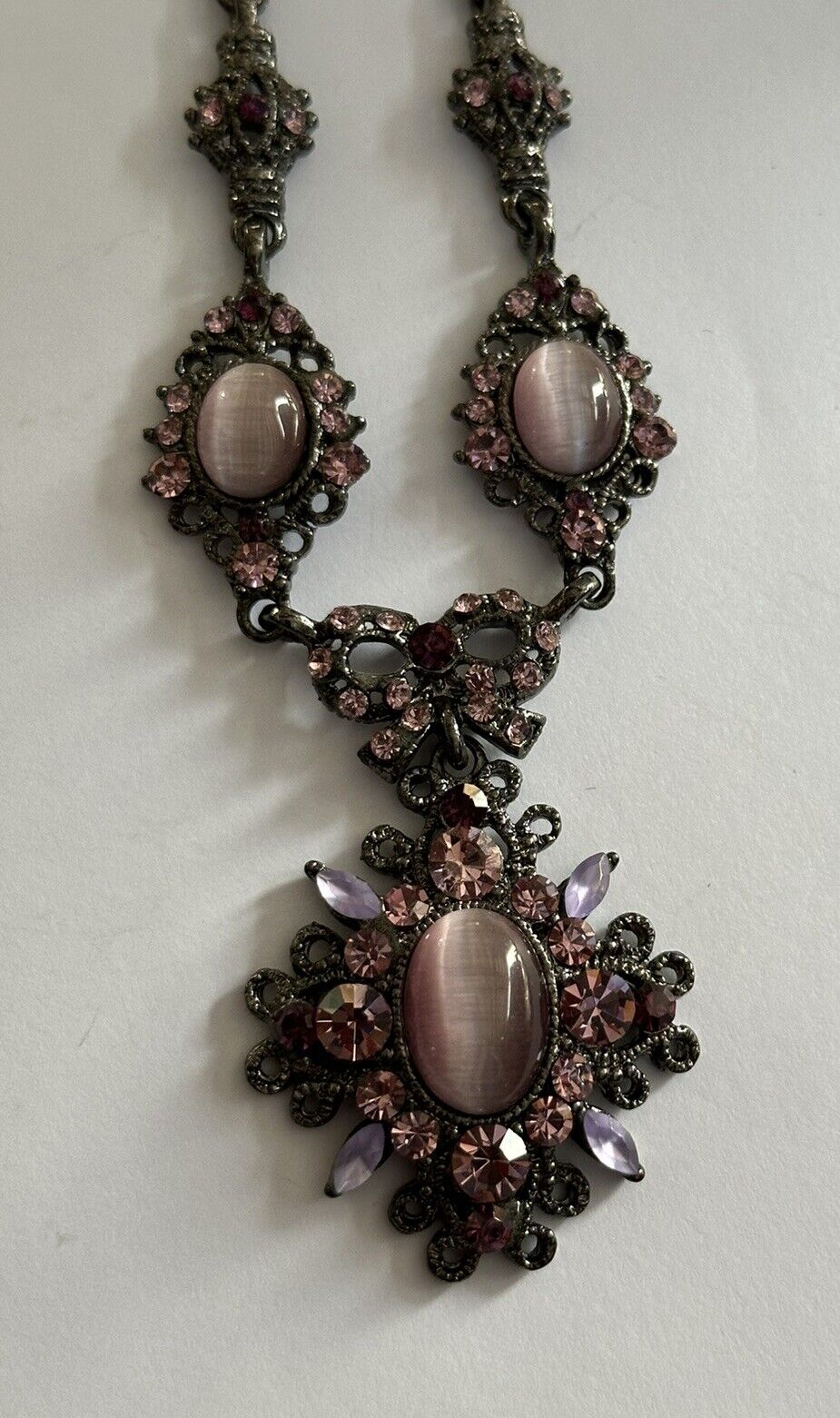 Vintage Pink Purple Satin Bead Diamanté Necklace