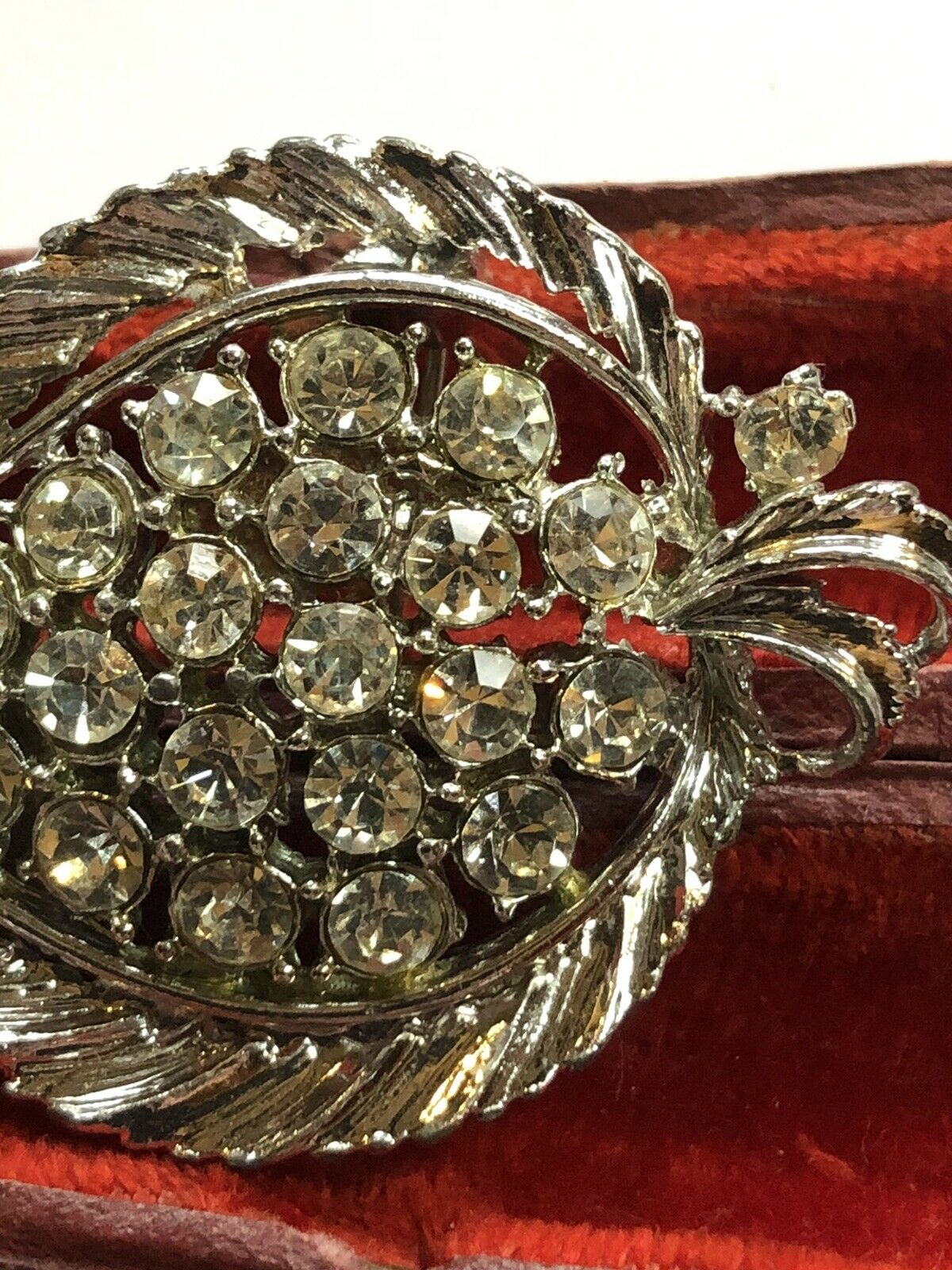 Vintage Silver Tone Diamanté Leaf Brooch