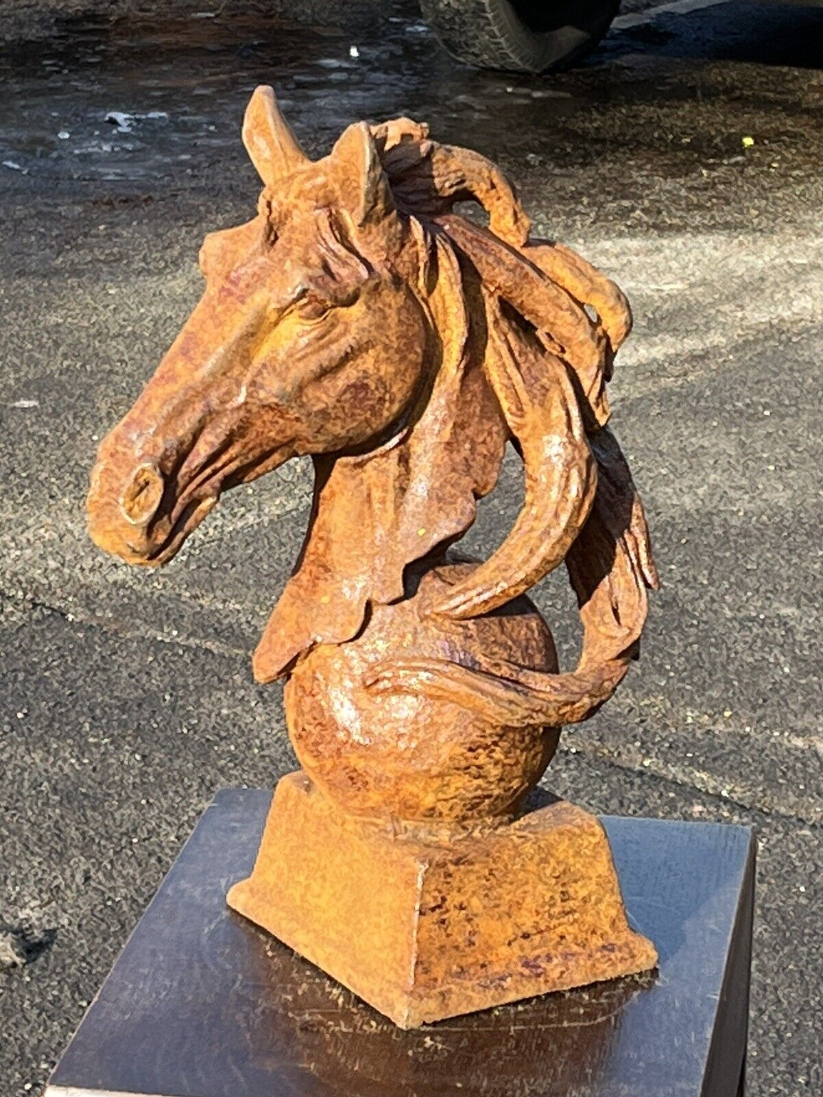 Pair Of Horse Head Statues, Cast Iron, Large In Size.