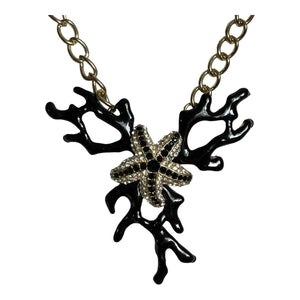 Vintage Black Coral Effect Starfish Diamanté Silver Tone Necklace