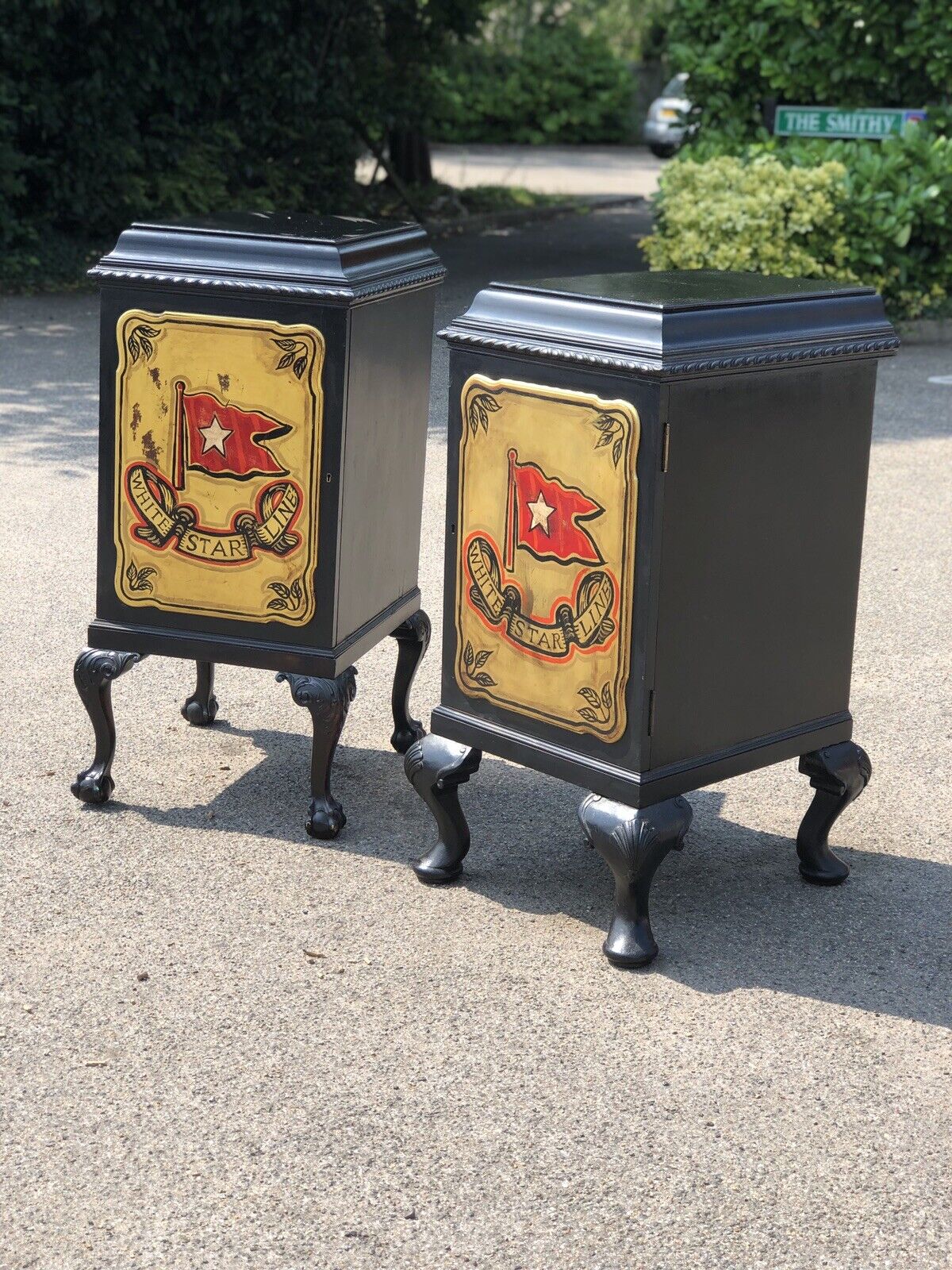 Pair Of Edwardian Wine Celleratte Cabinets With White Star Line Decoration.