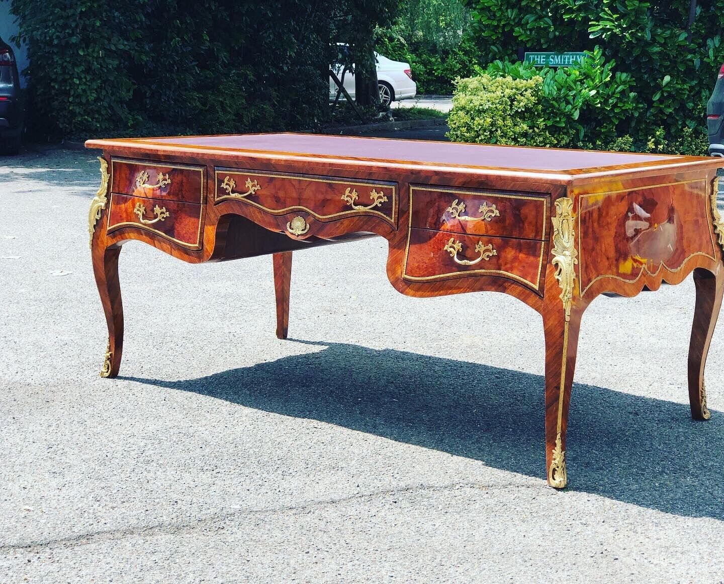 Presidential Desk, Inlaid Kingswood With Brass Decoration, Very Impressive.