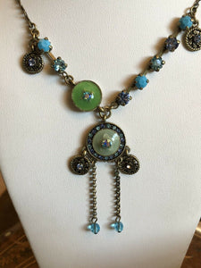 Vintage Green Enamel Turquoise Diamanté Necklace