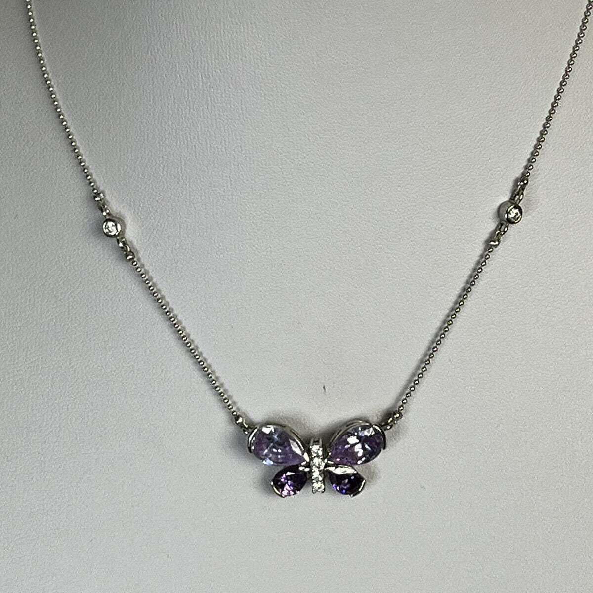 Vintage Rhodium Plated Purple Crystal Diamanté Butterfly Necklace