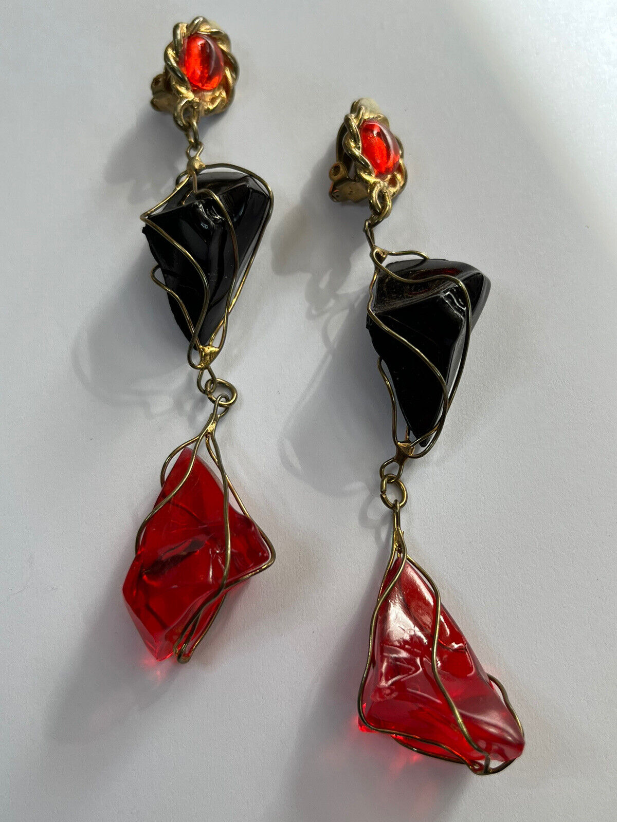 Vintage 1980s Black Red Acrylic Long Length Statement Earrings