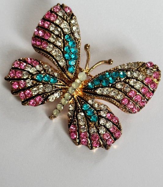 Vintage Gold Tone Pink Turquoise Diamanté Brooch