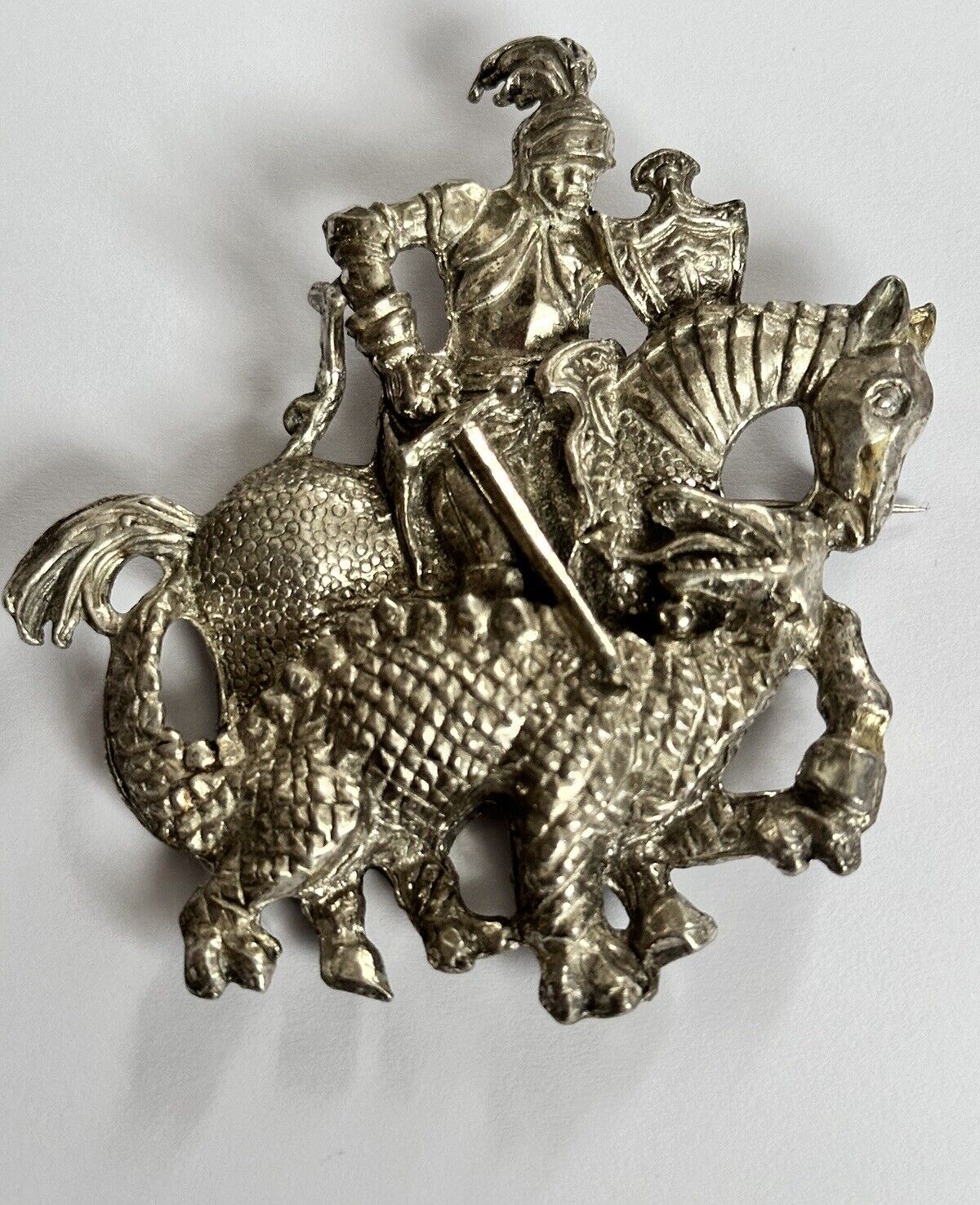 Vintage Silver Tone Knight Dragon Slayer Large Brooch