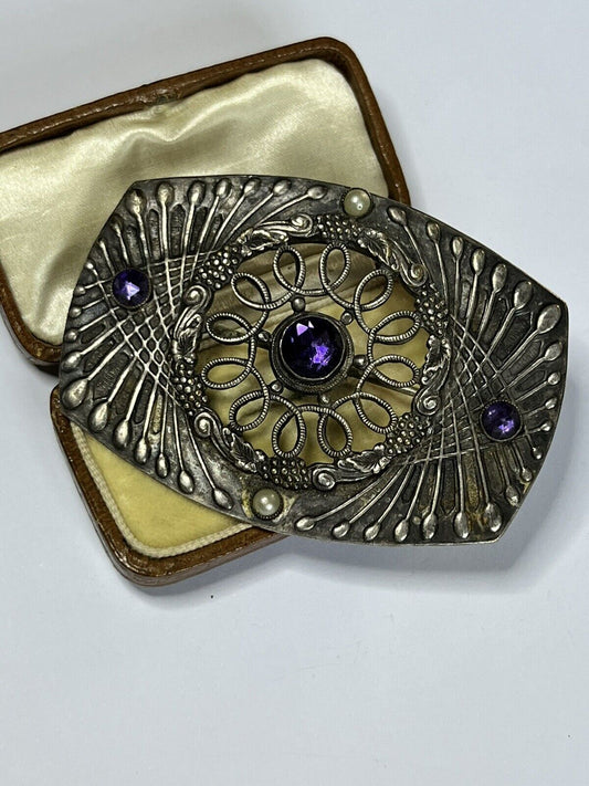 Vintage Silver Tone Purple Stone Faux Pearl Brooch