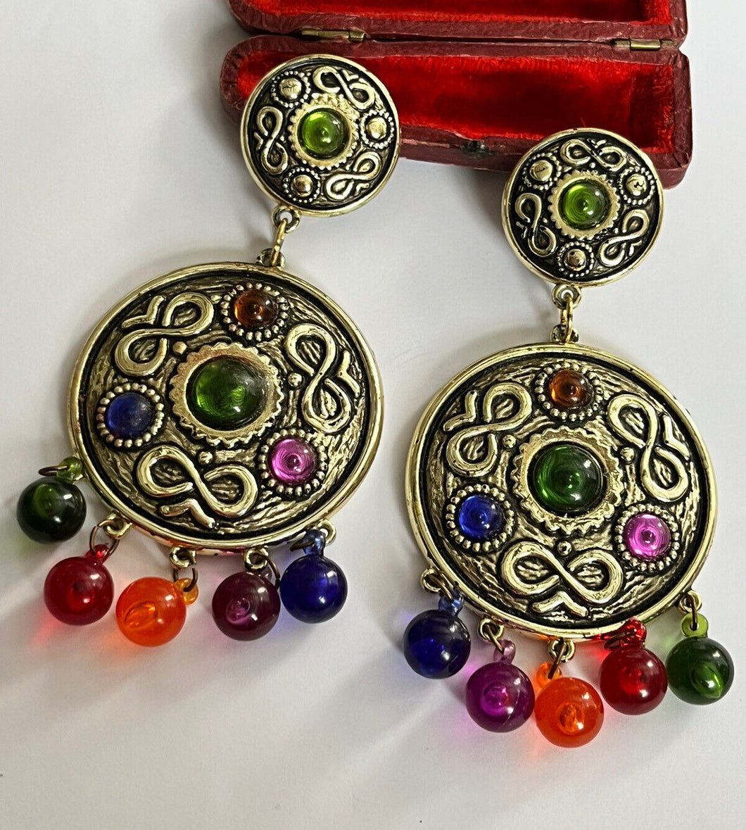 Vintage 1980s Gold Tone Multicoloured Large Statement Earrings
