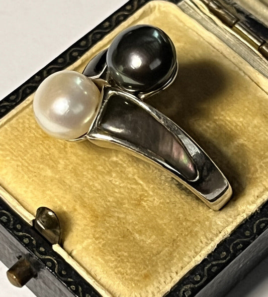 Vintage Silver 925 Black Grey Pearl Crossover Ring Size R
