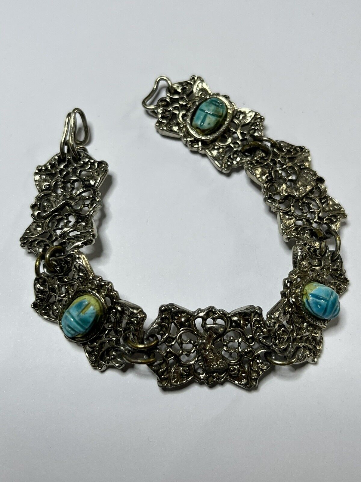 Vintage Silver Tone Egyptian Revival Scarab Beetle Bracelet