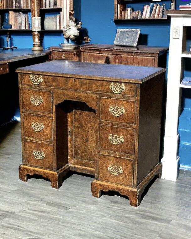 Burr Walnut Kneehole Desk. With Brass Handles And On Bracket Feet