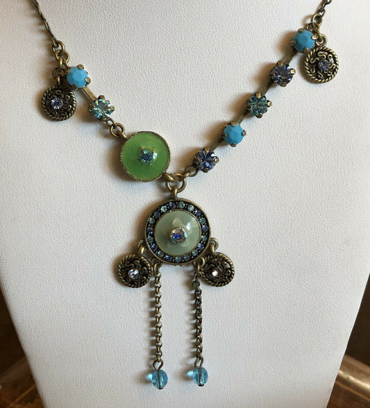 Vintage Green Enamel Turquoise Diamanté Necklace