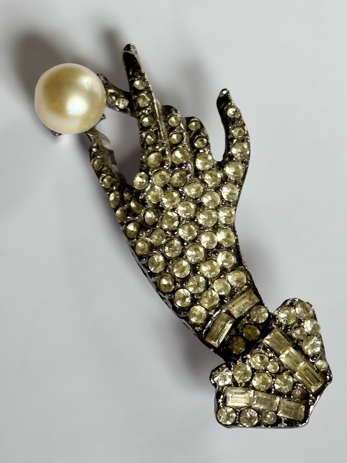 Vintage Iconic Paste Silver Tone Hand Holding Faux Pearl Brooch