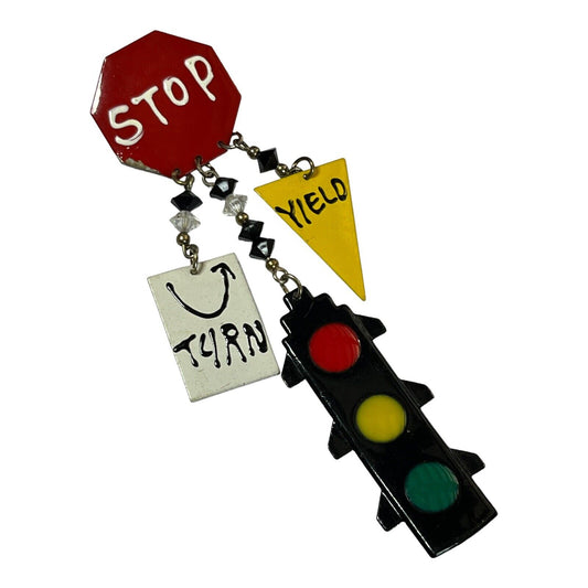 Vintage Metal Enamel Traffic Lights Statement Brooch