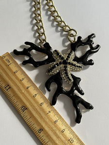 Vintage Black Coral Effect Starfish Diamanté Silver Tone Necklace