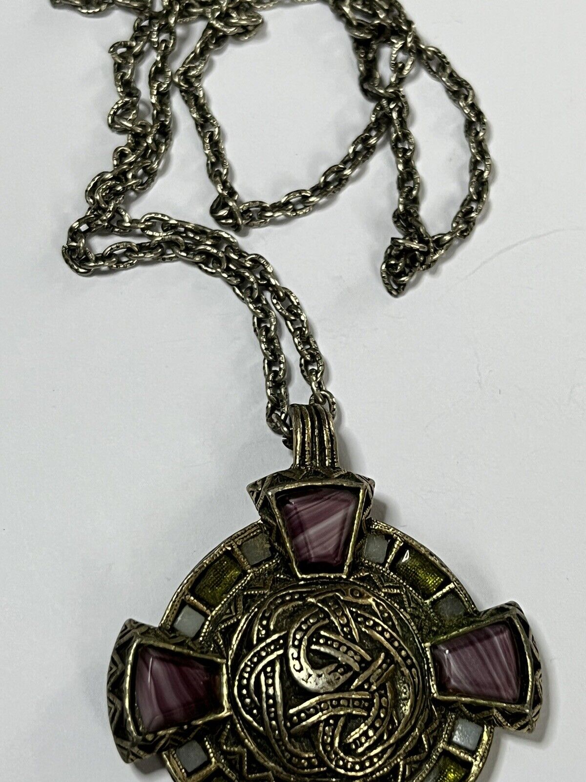 Vintage Miracle Signed Purple Green Glass Celtic Necklace