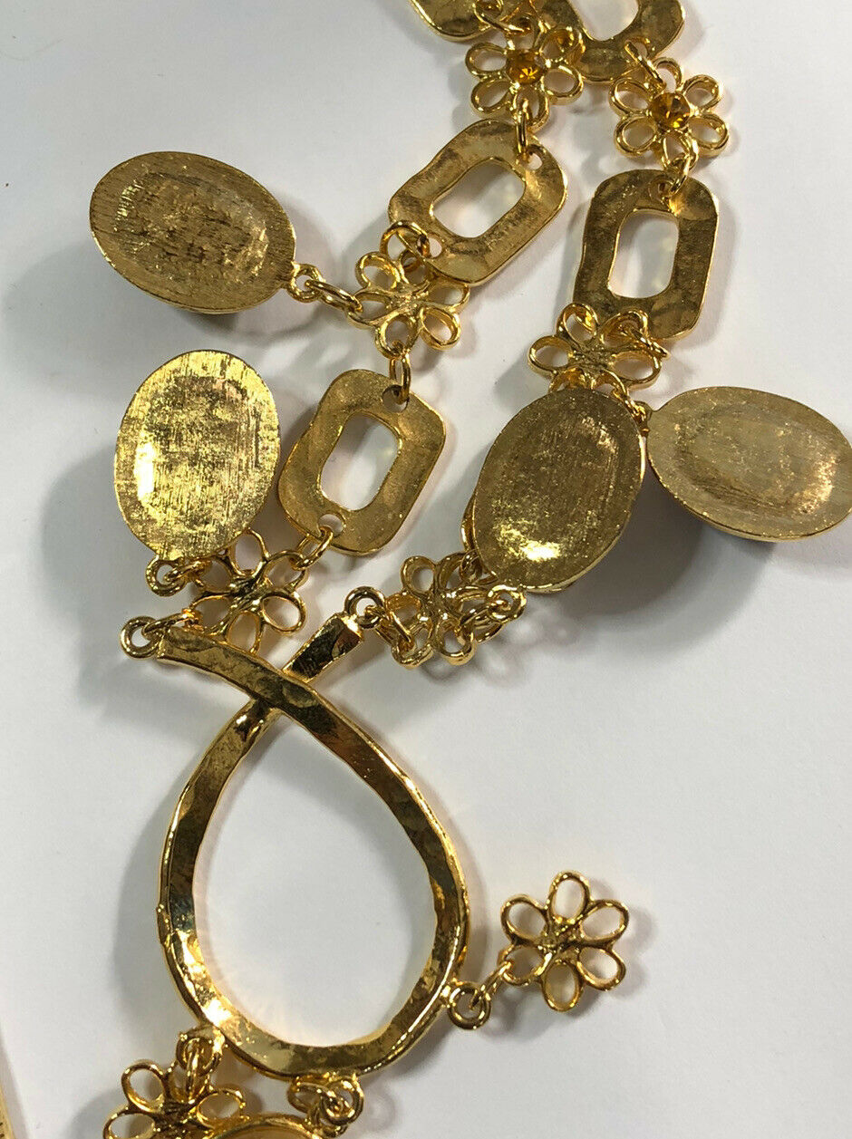 Vintage 1980s Gold Plated Unique Flowers Drop Necklace