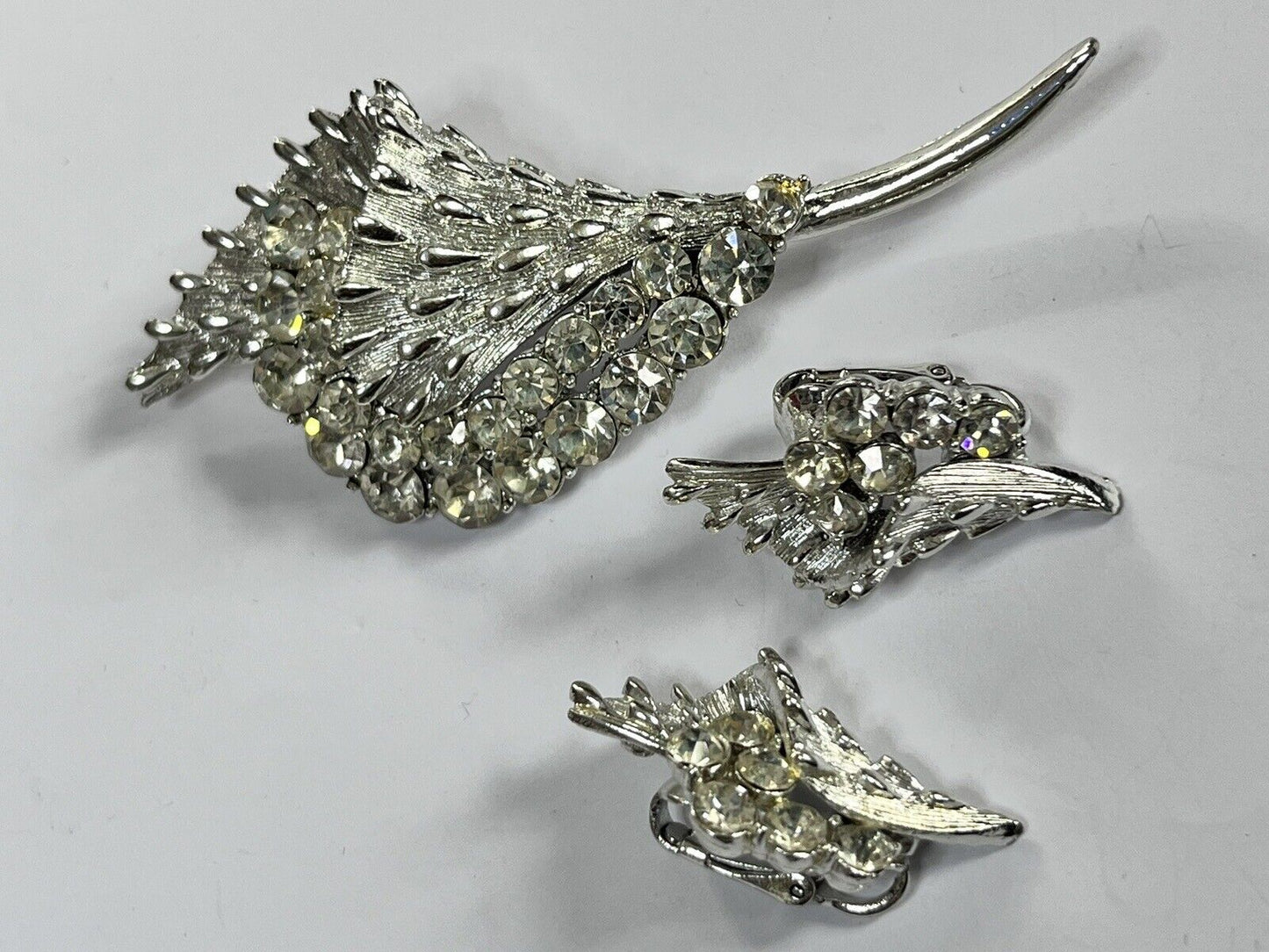 Vintage Signed Coro Silver Tone Diamanté Brooch And Clip On Earring Set