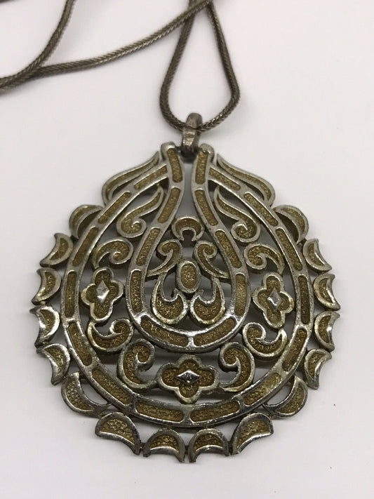 Vintage Crown Trifari Cut Out Metal Silver Tone Pendant Necklace